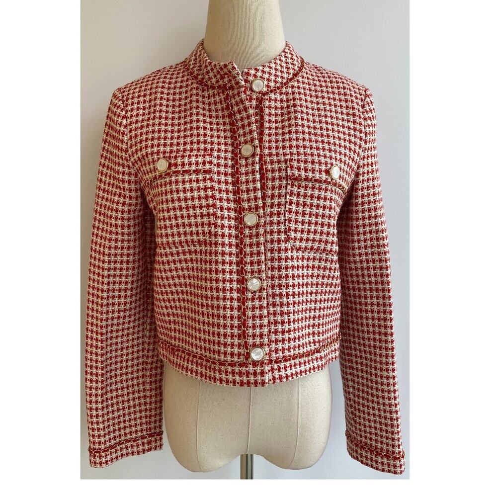 NWT Endless Rose Tweed Cropped Blazer Jacket Metal Vegan Leather Trim size S